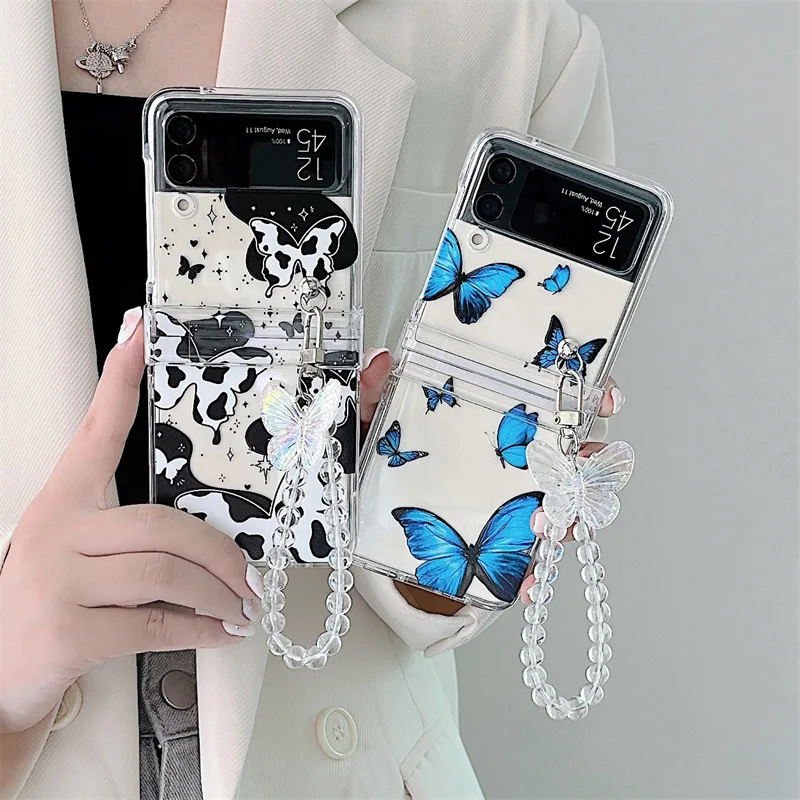 

Fashion Milk Cow Butterfly Chains Phone Case for Samsung Galaxy Z Flip 3 Z Flip 4 Hard PC Back Cover for ZFlip3 ZFlip4 Case