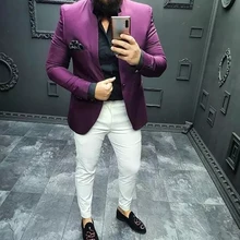 Purple Mens Suits With White Pant One Button Slim Fit 2 Pieces (Tuxedos Jacket+Pants) Wedding Groom 