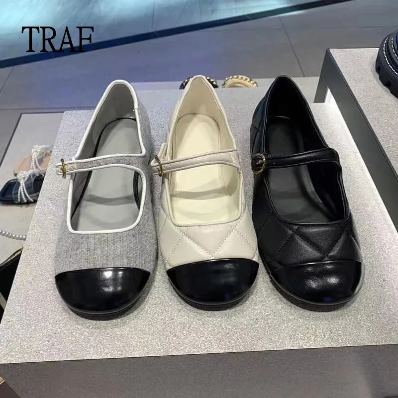 

TRAF Women Flat Shoes 2022 Fashion Rhombus Flat Mary Jane Single Shoes Color Blocking Round Toe Buckle Elegant Lady Shoes