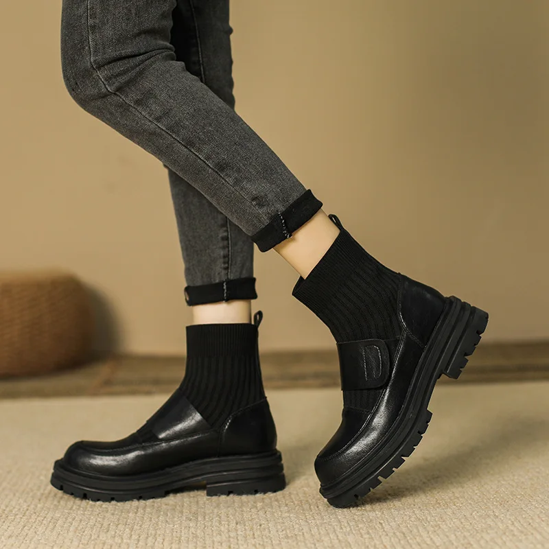 Women Platform Chelsea Sock Boots Autumn Winter New Fashion Ankle Genuine Leather Casual Shoes Motorcycle Botines De Mujer Sexy