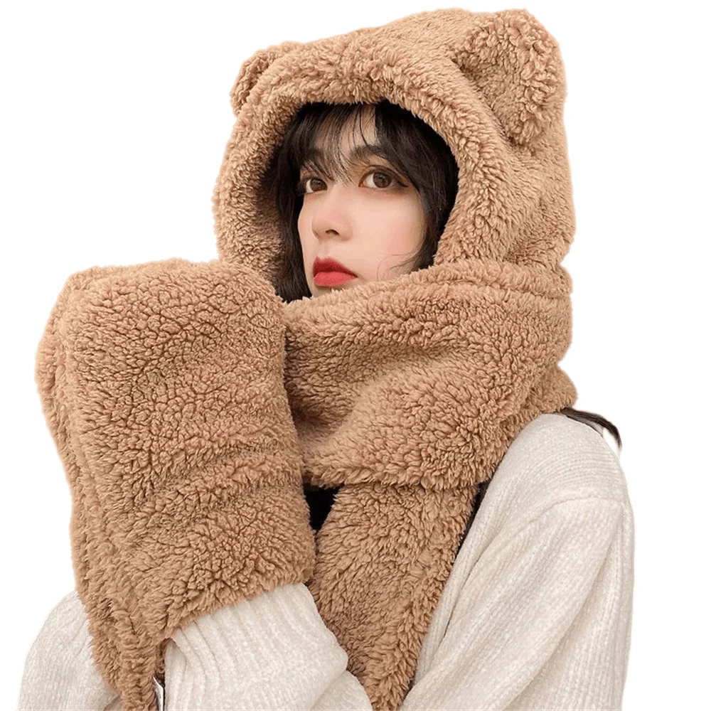 

New Winter Bear Hat With Scarf Gloves Women Double Layer Thickening Beanies Caps Lady Multi-functional Ear Protection Warm Hats