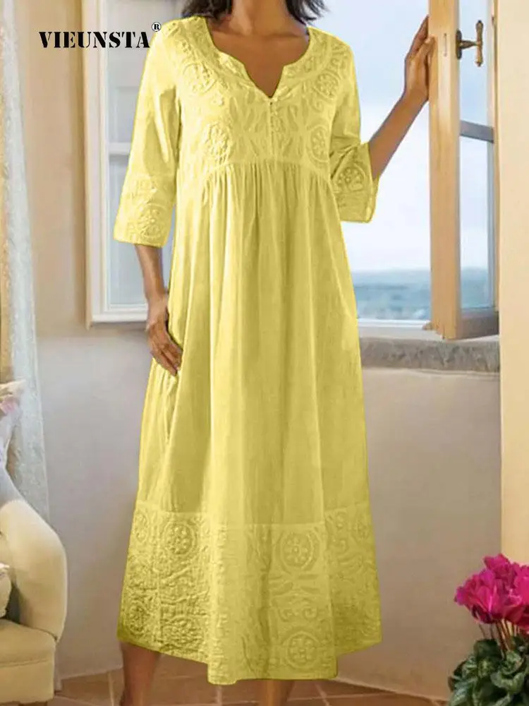 

Cotton Linen Buckle Home Loose Long Dress Women Casual V-Neck A-Line Dress Mujer 2022 Spring Summer Harajuku Lace Pattern Dress