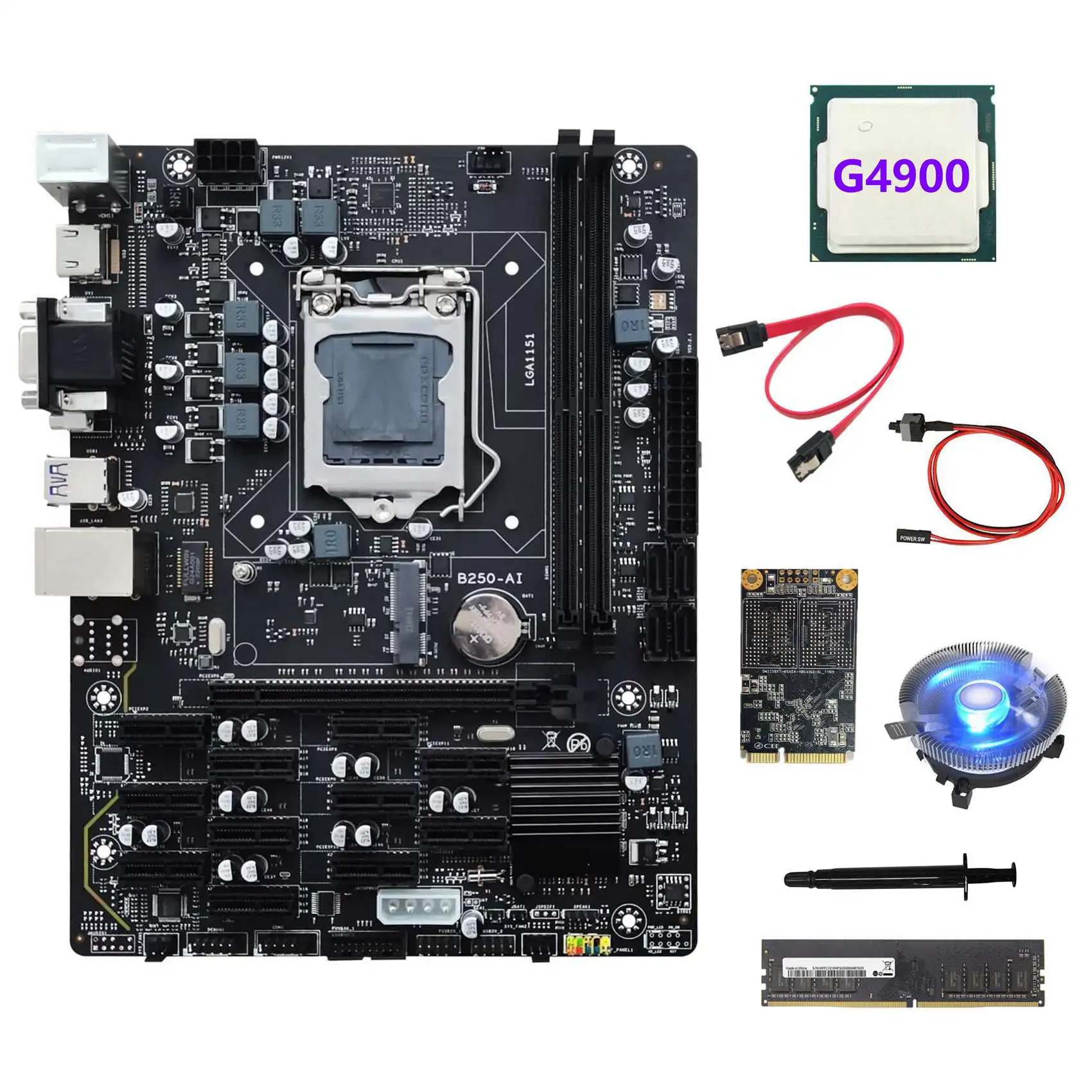 

B250 V2.1 ETH Miner Motherboard 12PCIE+G4900 CPU+DDR4 8GB RAM+128G MSATA SSD+Fan+SATA Cable+Switch Cable+Thermal Grease
