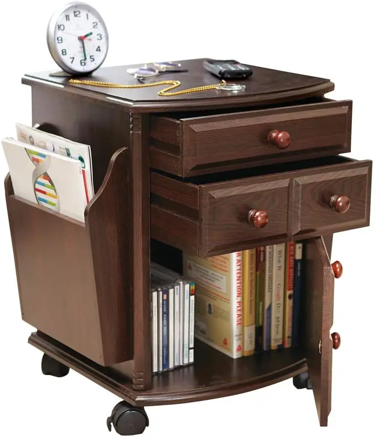 

Storage Mahogany Finish Companion Side Table with Rolling Wheels