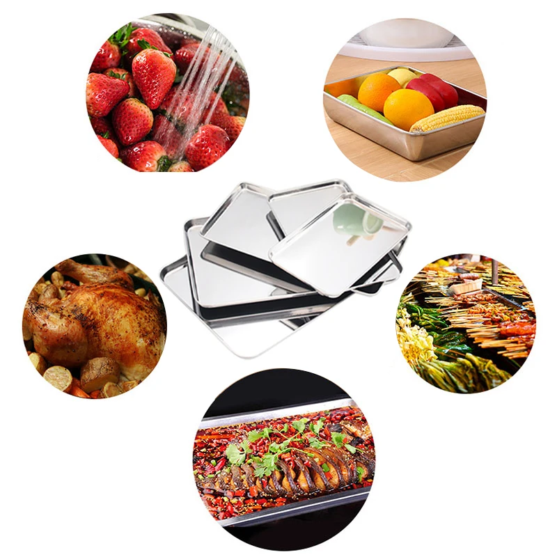 

Rectangle Stainless Steel Kitchen Storage Baking Trays Shallow Plate for Food Steamed Sausage Dishes Cake Bread Loaf Pans