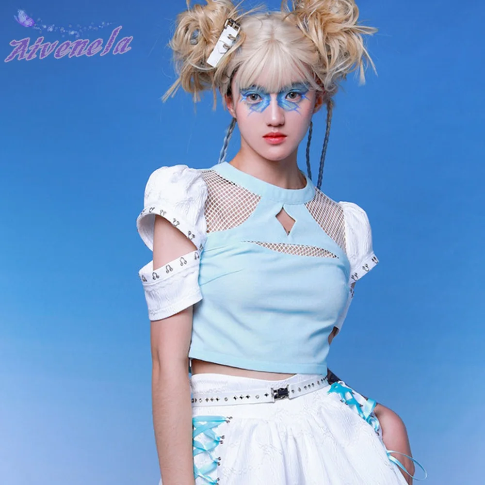 Базовая футболка в стиле Харадзюку Y2K для девочек Милая женская сетку с вырезом и