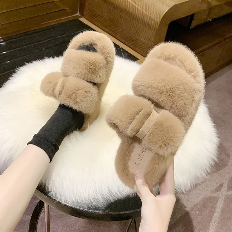

Platform Faux Fur Slides Fluffy Flip Flops Plush House Slippers Designer Furry Fur Slippers Flat Sandals Women's Fashion Shoes Y