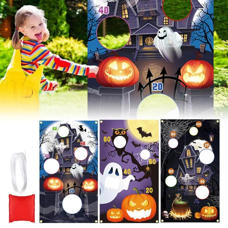 

Bean Bag Toss Games Board Sandbag game flag Halloween-Themed Spooky with Bean Bags Scores Ghost Pumpkin Throwing Games