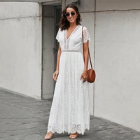 shiying dress women summer new european american solid color lace short sleeved stitching hollow v neck formal dress long skirt
