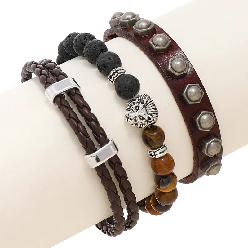 

Jessingshow Men 3pic/set Bracelets Vintage Leather Braid Bracelets Bangles Lion Handmade Rope Wrap Bracelets Male Gift Jewlery