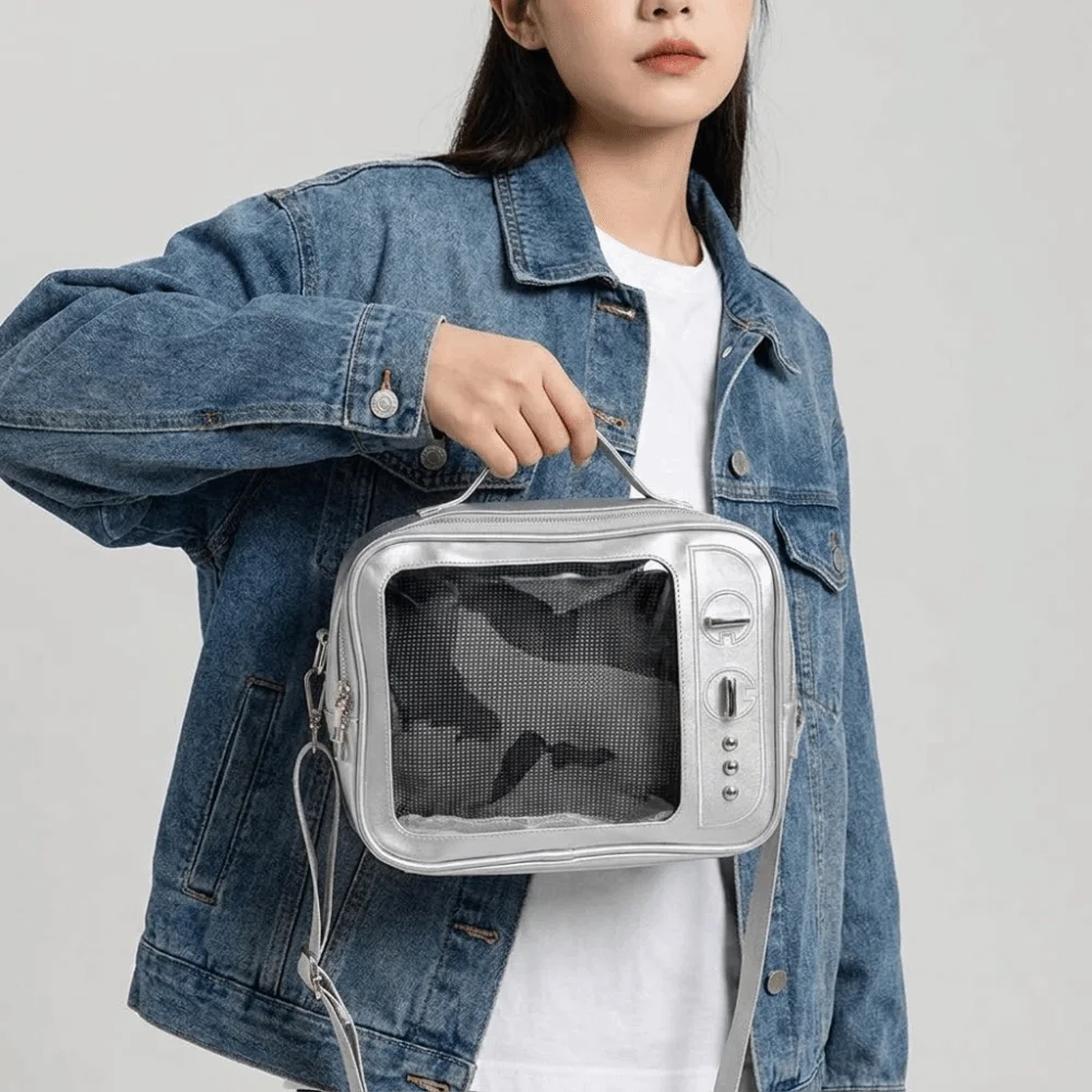 Фото Рюкзак PU TV Model Ulzzang с прозрачным отделением, большой вместимости, легкий, с прозрачным слоем для демонстрации, сумка через плечо для коллекций №4