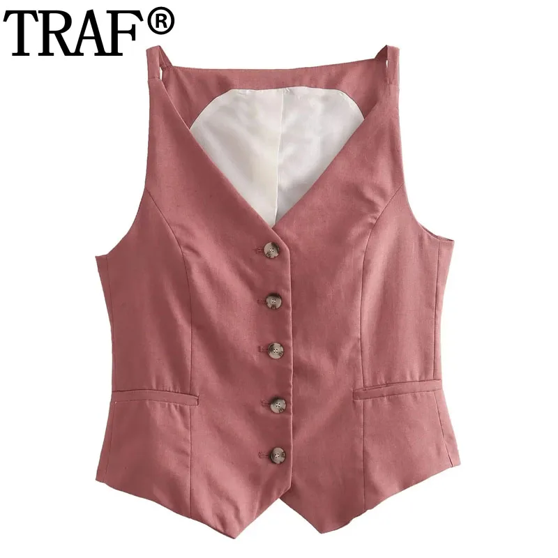 

TRAF Cropped Linen Vest Woman Sleeveless Vests For Women Waistcoat Button Summer Jacket Womens 2023 Office Casual New In Jackets