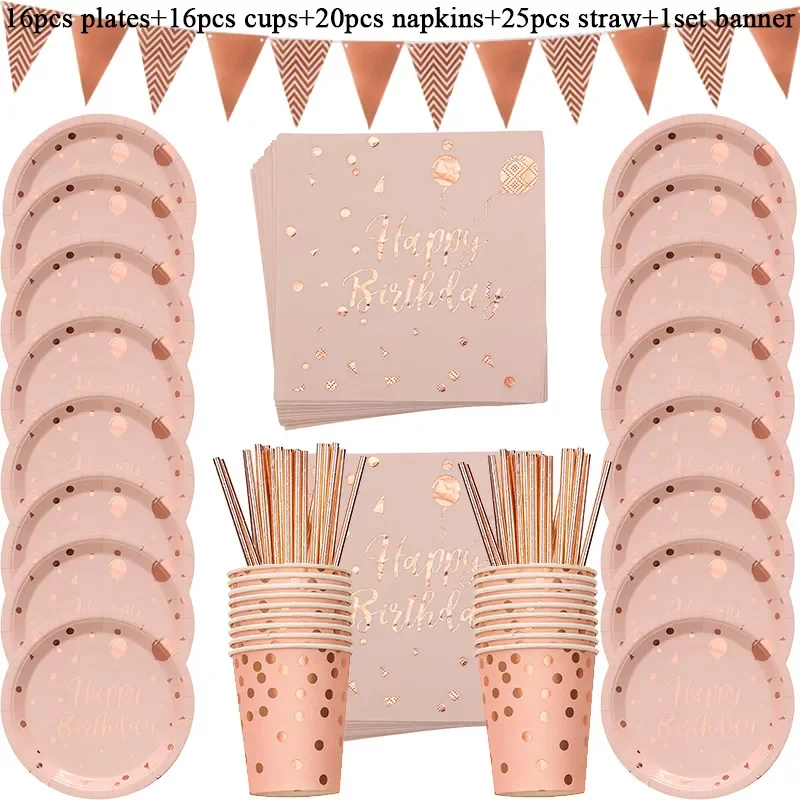 

2023 Rose Gold Birthday Decorations Disposable Tableware Set Paper Cup Adult Wedding Birthday Party Decorations Kids Babyshower