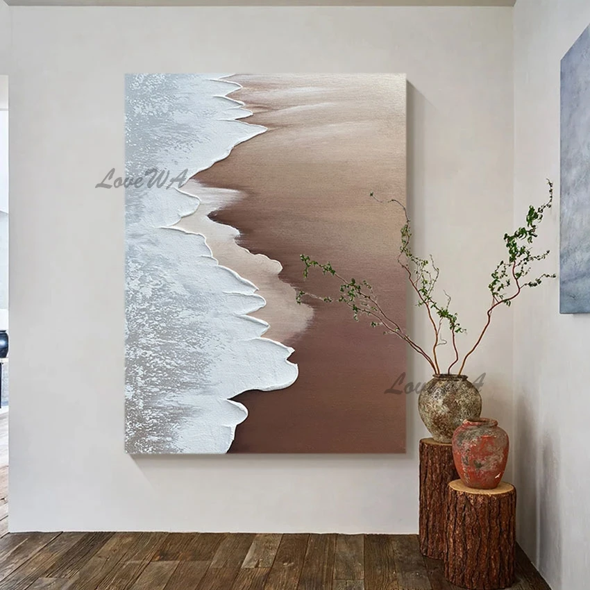 

Handmade Abstract Art Picture Canvas Wall Unframed White Sea Wave Oil Painting Thick Acrylic Palette Knife Seascape Oil Painting