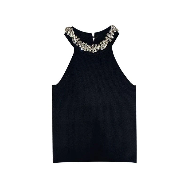 Beaded Ice Strap Vest for Women in Spring  Summer  Fashion Slim Short Black and White Knitted Undercoat  Slim Top