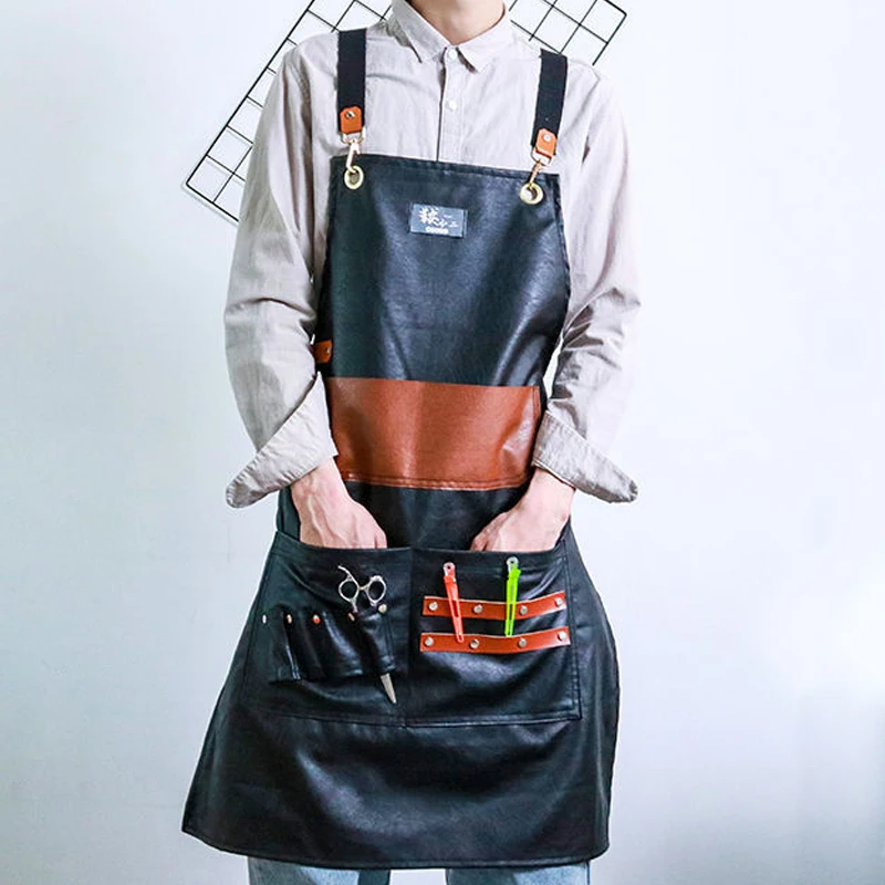 

PU Waterprrof Work Apron Free Custom Logo Restaurant Hairdresser Cafe Barber Shop Chef Nails Studios Carpenter Uniform delantal