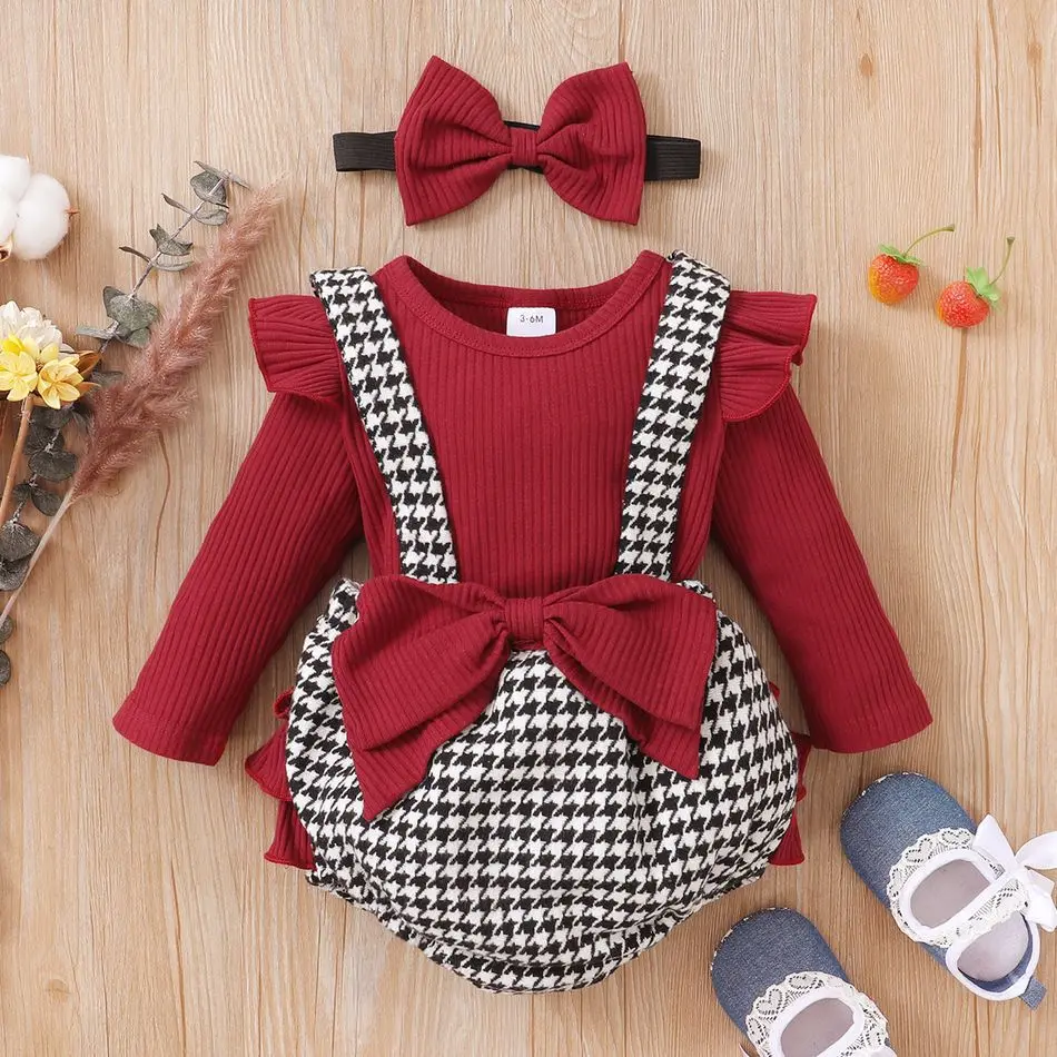

0-2T South Korea's new baby spring, autumn and winter 3-piece bow suit long-sleeved top suspender shorts headband newborn 3-piec