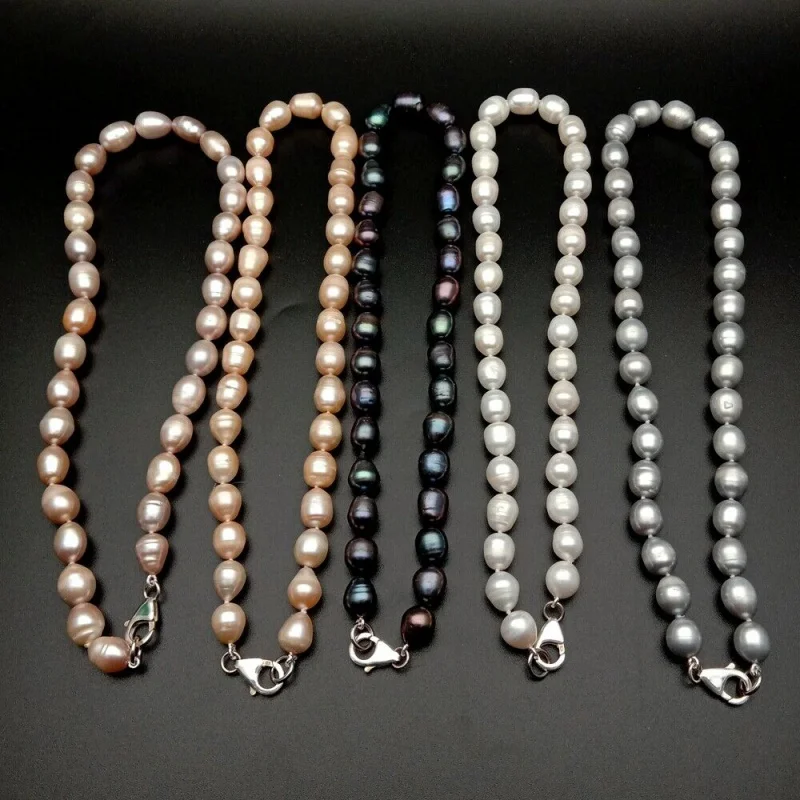 Sale White Black Gray Pink Purple Rice Cultured Pearl Necklace 925 silver clasp