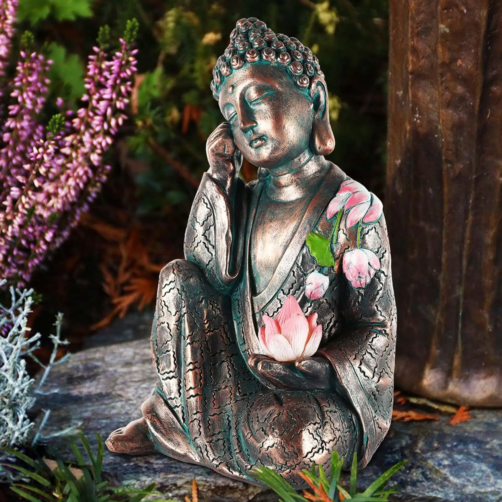 

Resin Buddha Statue Figurine Solar Powered Garden Light Collectibles Ornament for Indoor Outdoor Home Porch Decoration