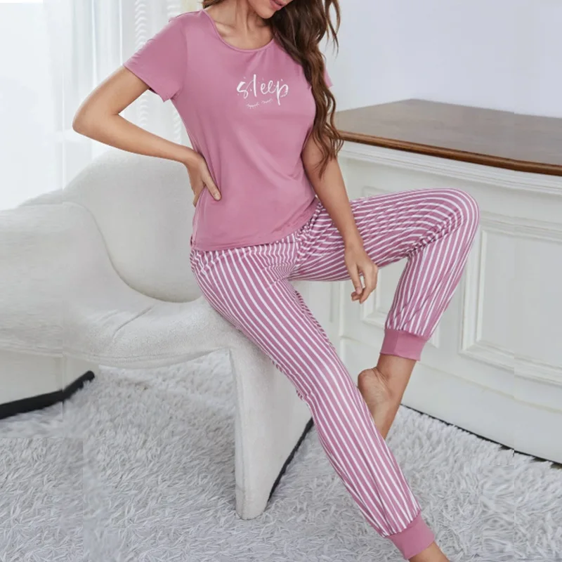 Women Pajama Set Milky Silk Pyjama Letter Print Pijama Female Striped Home Clothes Sleepwear pjs Short Sleeve Top Pants Homewear