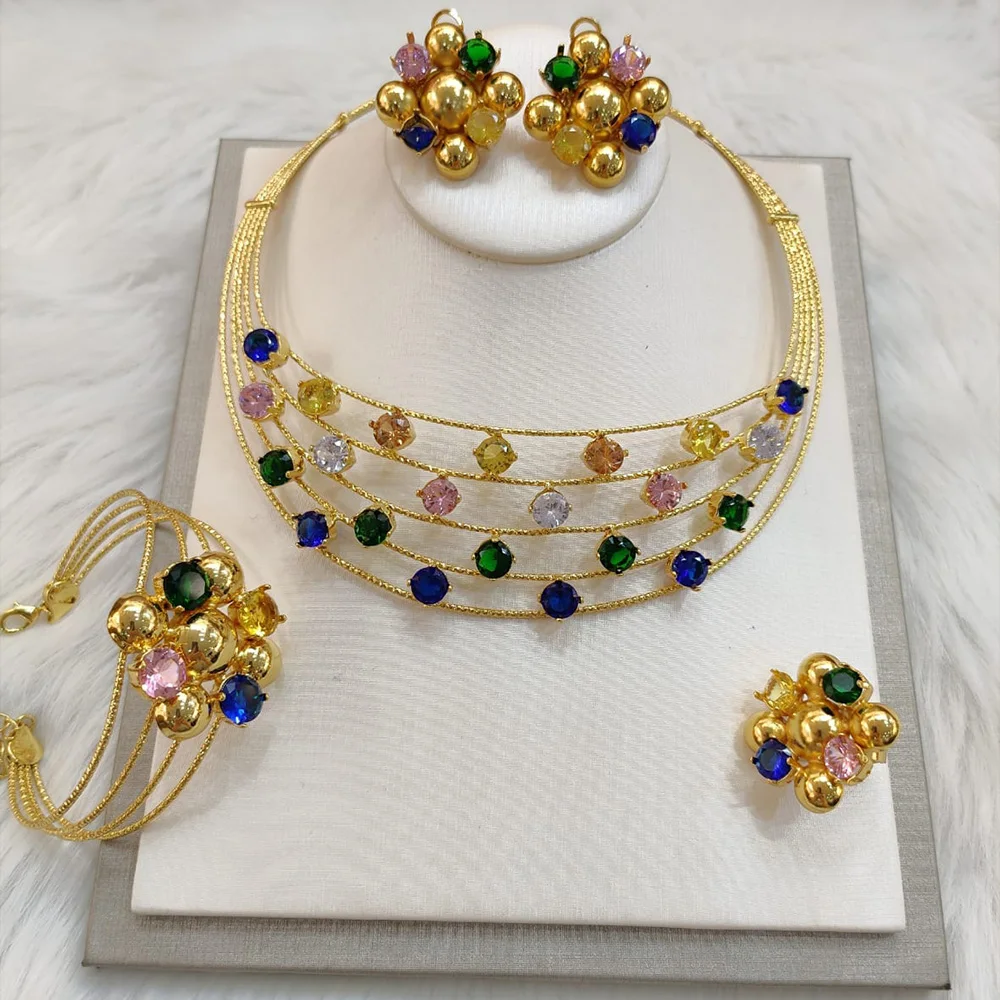 

Gold Plated Jewelry Set For Women Dubai Bridal Wedding Necklace and Earrings Set African Necklace Party Accessory Gifts