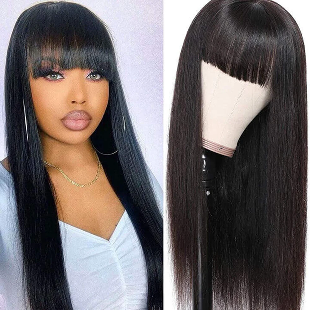

250% Brazilian Virgin Wig With Bangs Human Hair Silky Straight Pre Plucked 13x6 Lace Frontal Wigs Women Female 4x4 Closure Wig