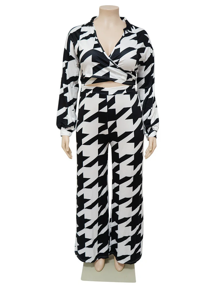 Plus Size Two Piece Outfits Women Fall Clothing Print Bandage Top Wide Leg Matching Set New Whole 3xl 4xl 5xl 6xl