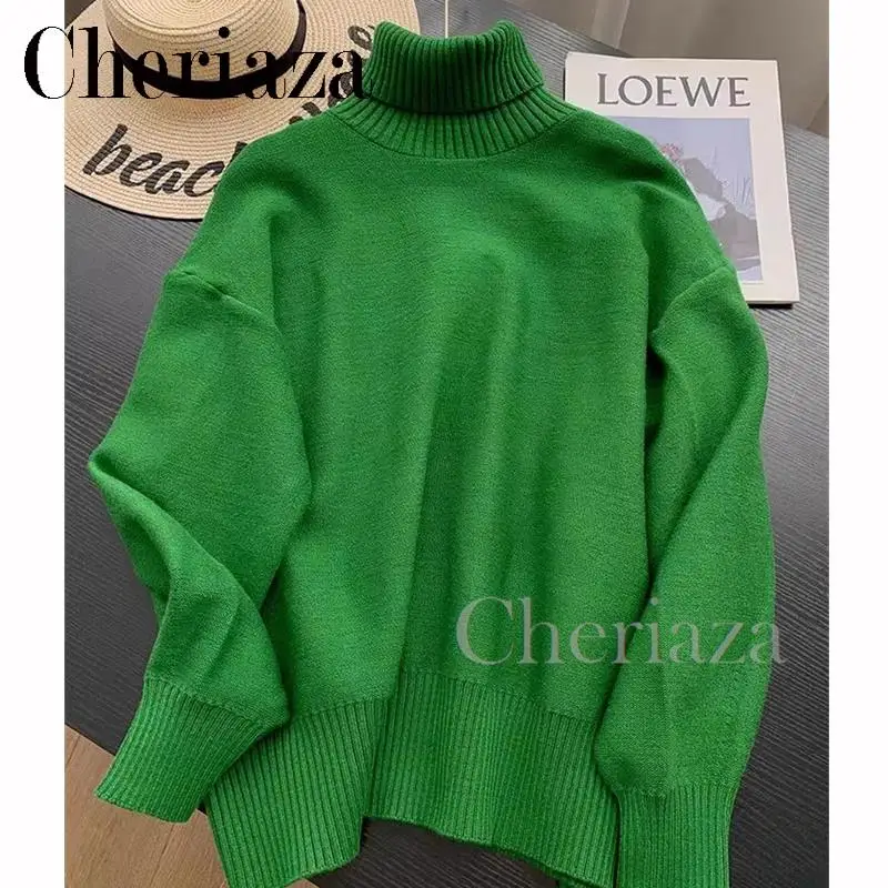 

Cheriaza 2024 Autumn Winter Female New Loose Solid Color Simplicity Fashion High Collar Versatile Long Sleeved Knitwear Jumper