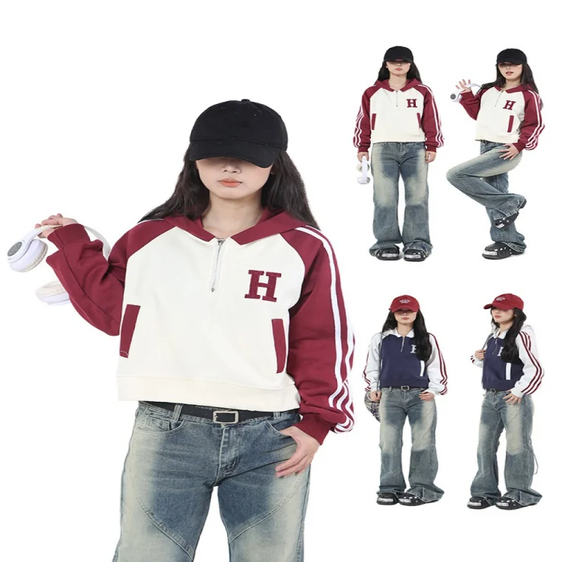 

sutrafashionAmerican High Street Sweater Autumn and Winter Fleece-lined Thicken Lazy Style Coat Short Casual College Style Sport