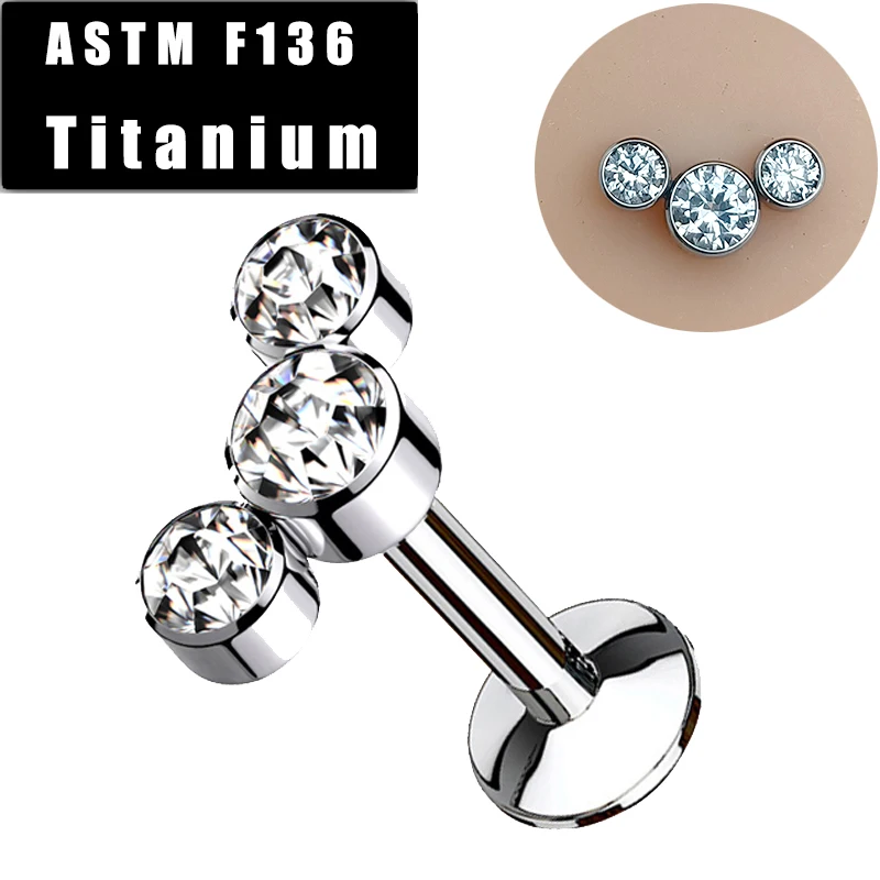 

ASTM F136 Titanium Labret Studs Lip Rings 3 CZ Internal Thread Ear Tragus Cartilage Helix Earrings Lip Studs Piercing Jewelry