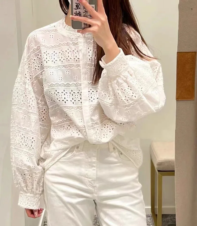 

Women Shirt Hollow Out Lantern Sleeve Sweet Blouse