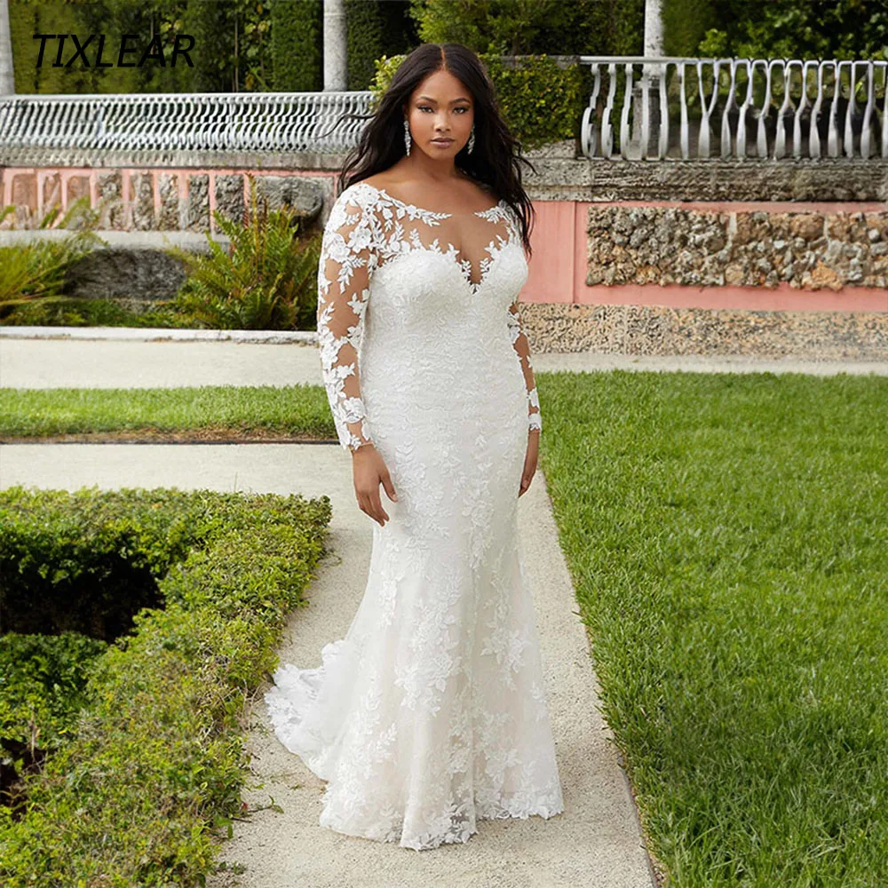 

TIXLEAR Plus Size Elegant Wedding Dresses Women Scoop Neck Lace Appliques Long Sleeves Backless Bridal Gowns Vestido De Novia