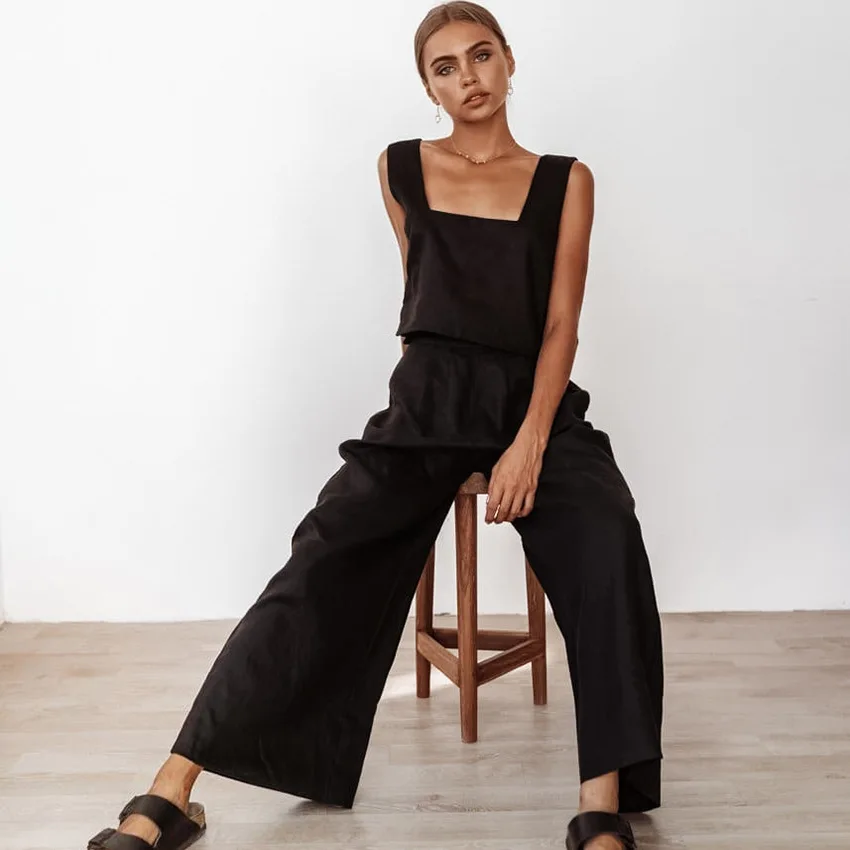 BKQU Tank Tops Women Pajama Flare Pants Nightwear Square Neck Sleepwear Women's Cotton Backless Home Suit Pure Color Female Set