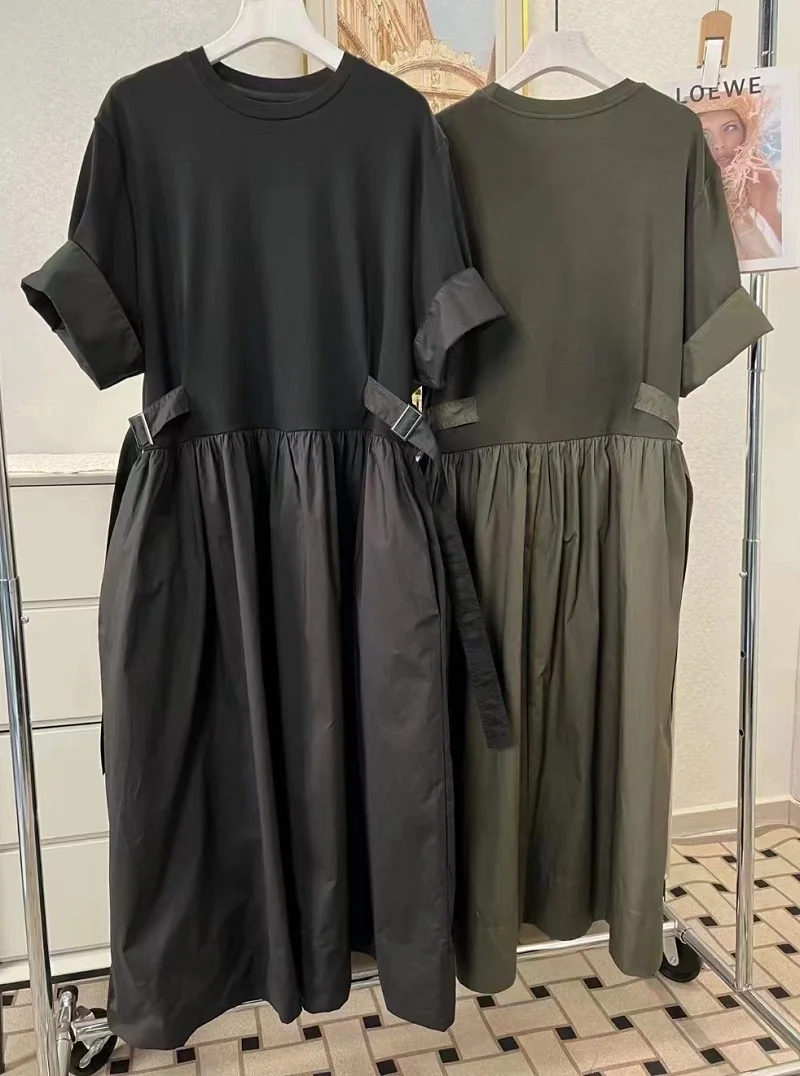 

One Piece Dress 2023 Summer Fashion Style Dress High Quality Ladies Cotton Patchwork Short Sleeve Green Black Long T Shirt Dress