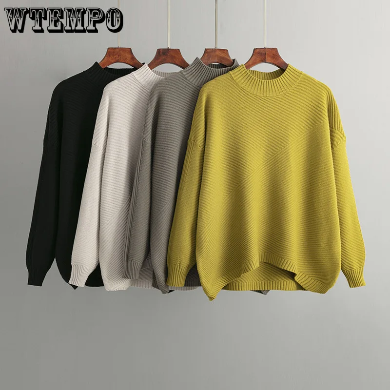 

WTEMPO Women Autumn Winter Vintage Loose Long Sleeve Sweaters Office Lady Fashion New Solid Half High Collar Pullovers Knitwear
