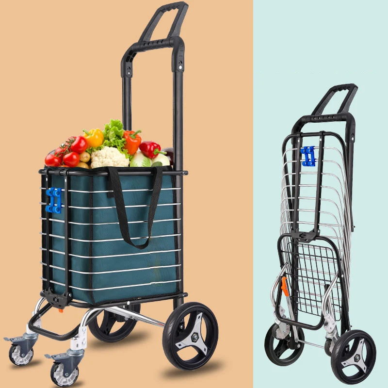 35L Folding Shopping Cart Portable Lightweight Pull Grocery Trolley with 4 Wheels 18cm Big Carrier Bag for Luggage Travel