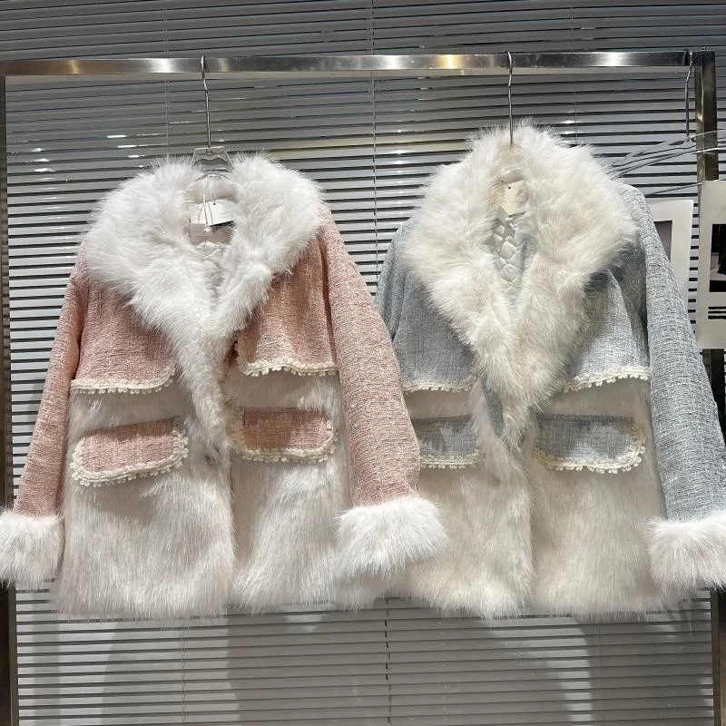 BORVEMAYS Women Tweed Coat Women 2023 Winter New Fashion Trend Lapel Long Sleeve Single-breasted Cotton Jacket WX382