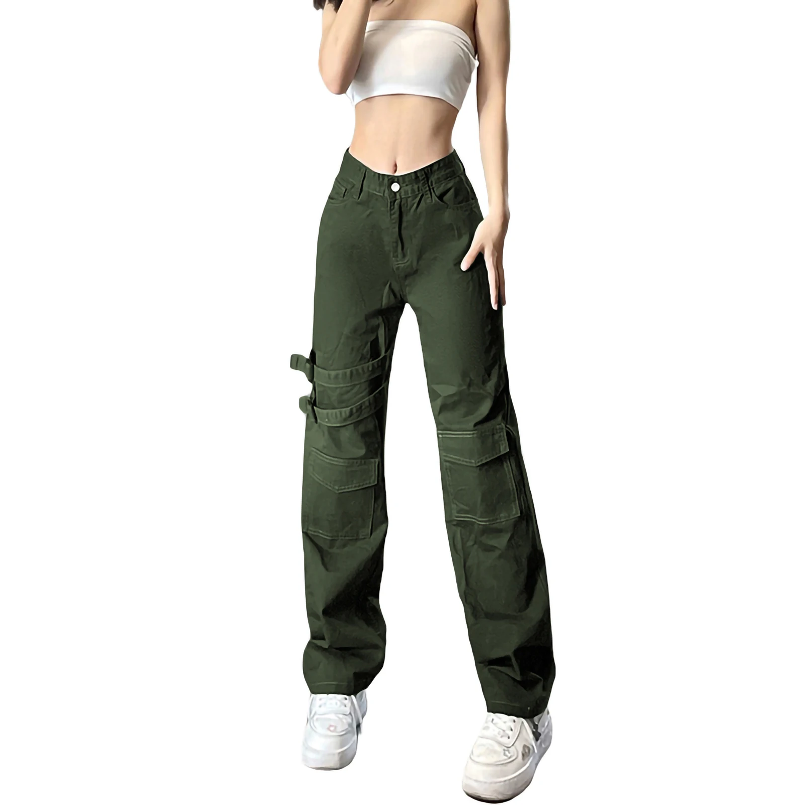 Women Clothing Overalls Pocket High Waist Zipper Button Jeans Closure Design Adjustable Button Style Casual Trousers