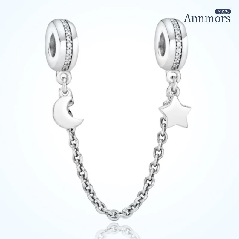 

Safety Chain Silver Plated Star Moon Chain Charms Sliver Zircon Beads Fits Original Bracele Pendant Charms Jewelry