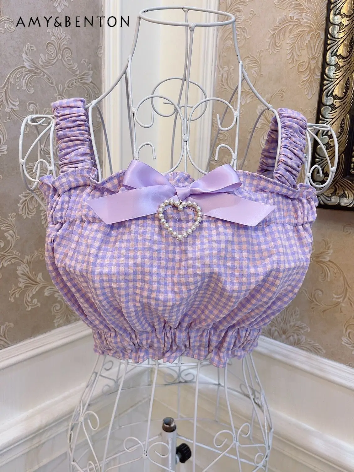 

Lolita Sweet Spicy Girl Plaid Bow Pearl Heart Lace Slim Fit Show Umbilical Vest Crop Top Y2k Camisole Female Purple Camisole