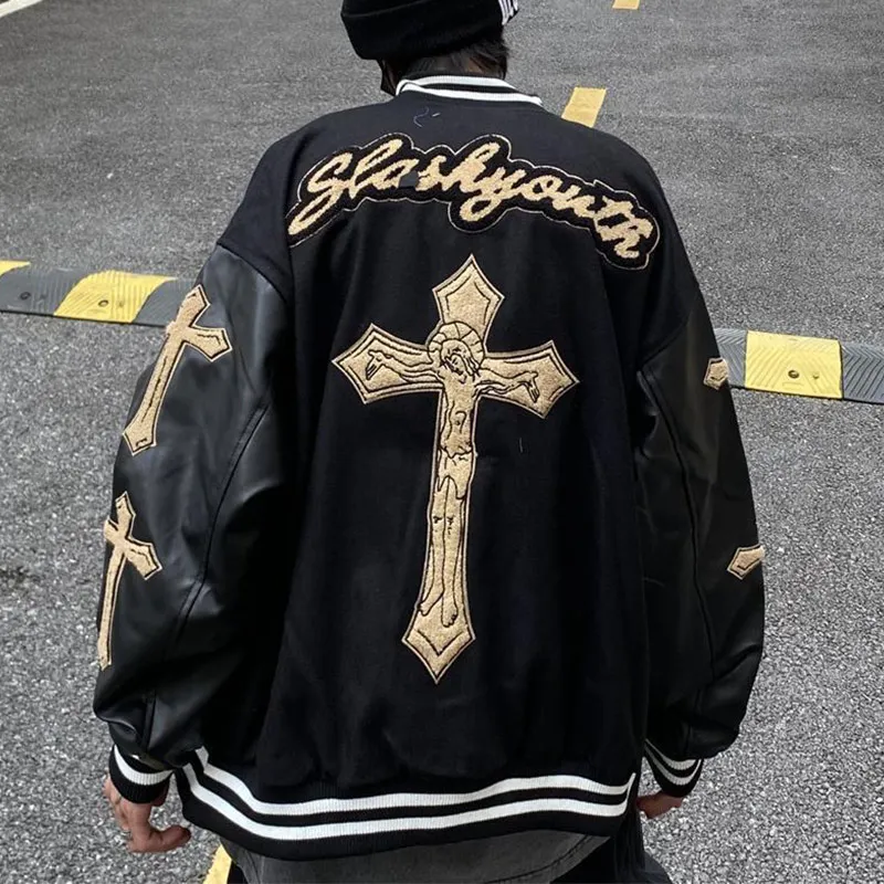 Мужская бейсбольная куртка в стиле ретро из искусственной кожи хип-хоп пэчворк