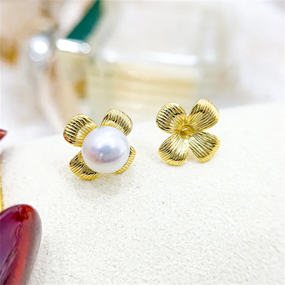 

DIY pearl earrings accessories S925 sterling silver jewelry small flower gold earrings empty holder Fit 6-8mm beads