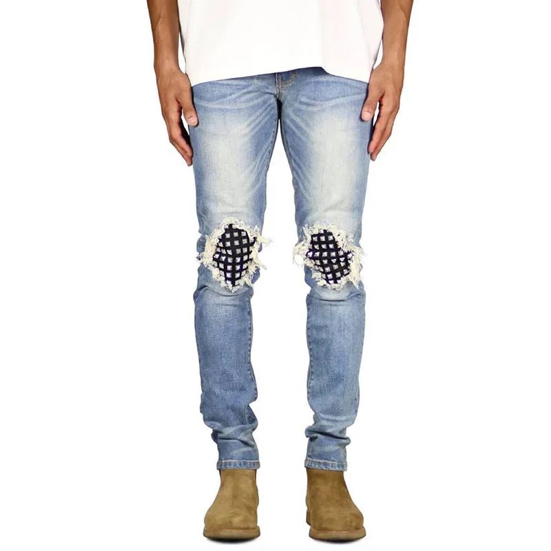 

Men's Skinny Jeans 2022 Men Ripped Grid Rivet Stretch Denim Pants Man Patchwork High Street Hip Hop Jeans Trousers