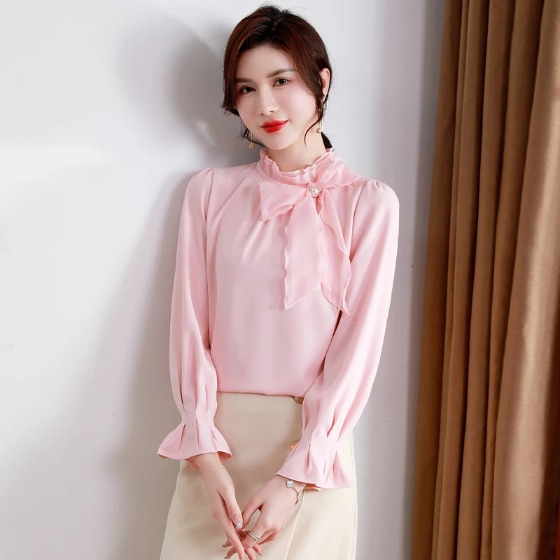 

2023 Women Pink White Blue Silk Blouses With BowKnot Design Petal Cuff Sleeve Tops Office Lady Chic Classy Basic Shirt 4 Season