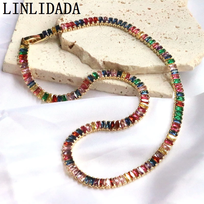 

3Pcs Fashion 18K Gold Plated Colorful Shiny Cz Necklace For Women Cubic Zircon Chain Chocker Female Charm Jewelry