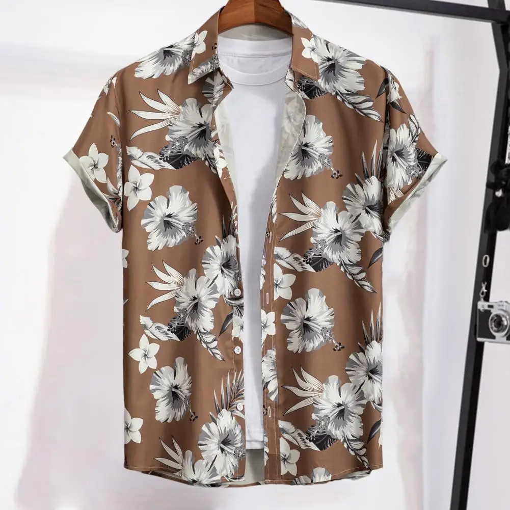 

Lapel Short Sleeve Men Shirt Buttons Closure Thin Anti-pilling Summer Flower Printed Hawaiian Beachwear Geometric Printed Blouse