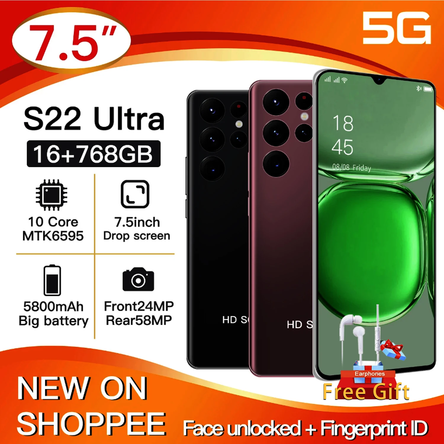 Global version S22 Ultra 7.5 Inch Dual SIM Smartphone  MTK6595 5800mAh  16GB＋512GBROM  24MP＋58MP  honeycomb  unlock Cellphone