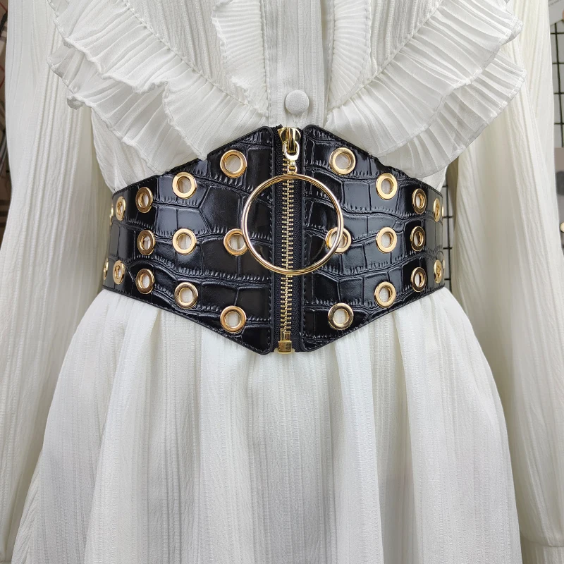 

Vintage hollow elastic wide waist cover women's versatile skirt decoration black belt women's