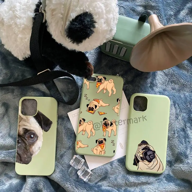 

Cute Pug Dog Animals Phone Case For IPhone 12 11 13 Pro Max Xs X Xr 8 7 6s 6 Plus Light Green Candy Colors Cover