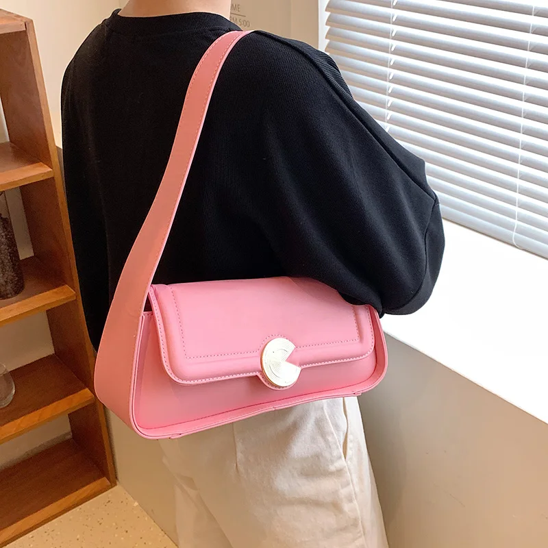 Cute Solid Color Small Leather Shoulder Underarm Bags for Women High Quality Hit Simple Handbags and Purses Female Travel Totes